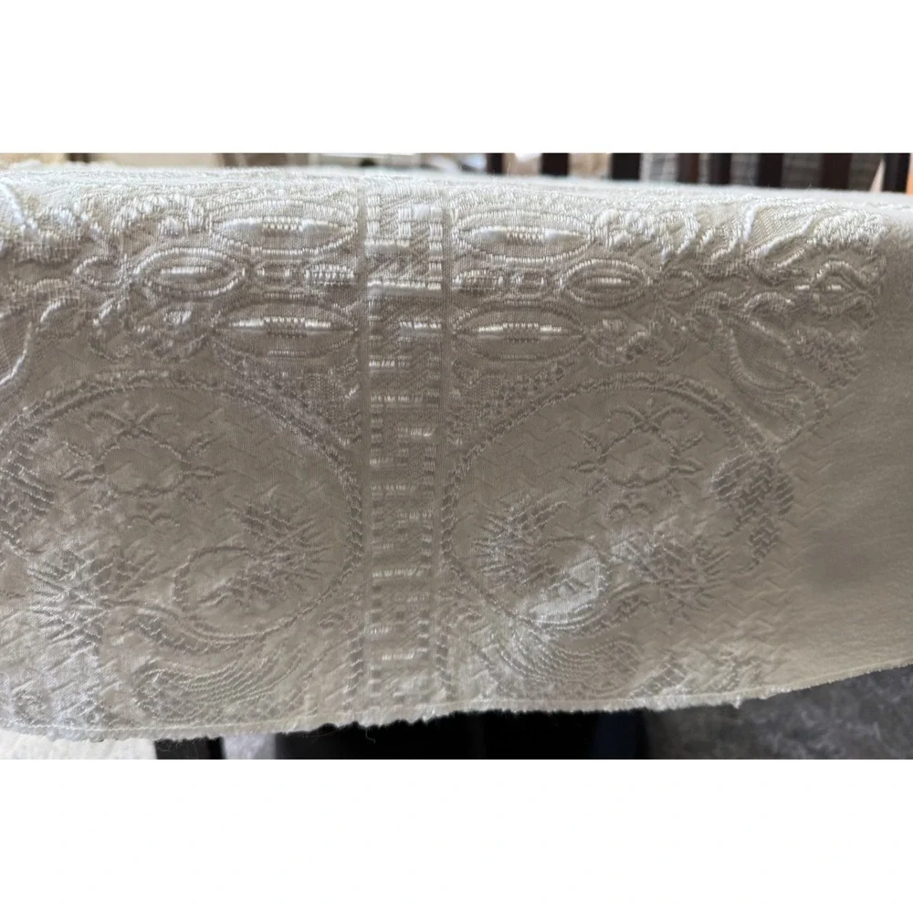 Vintage White Embroidered Tablecloth 56x74 Greek Key Floral Scrollwork Rectangle
